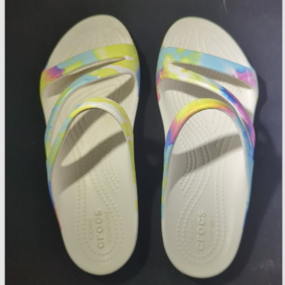 Crocs "Kadee II" Sandals Tie Die Yellow Pink Blue White Women's Size 8